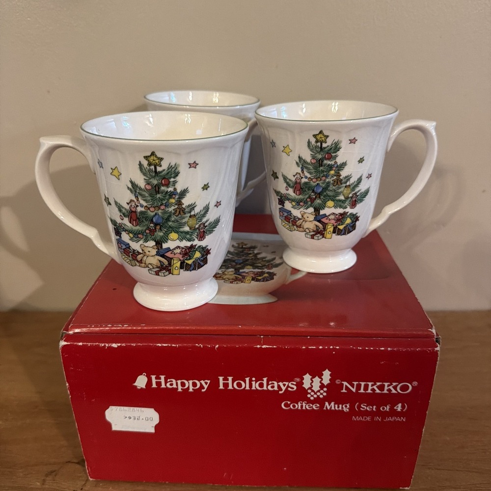 SET OF 3 Vintage Nikko Happy Holidays Swirled Coffee Mugs/Cups - Japan - NEW